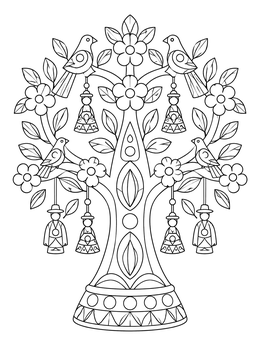 A mexican folk art coloring page featuring an ornate Tree of Life sculpture with birds and flowers.