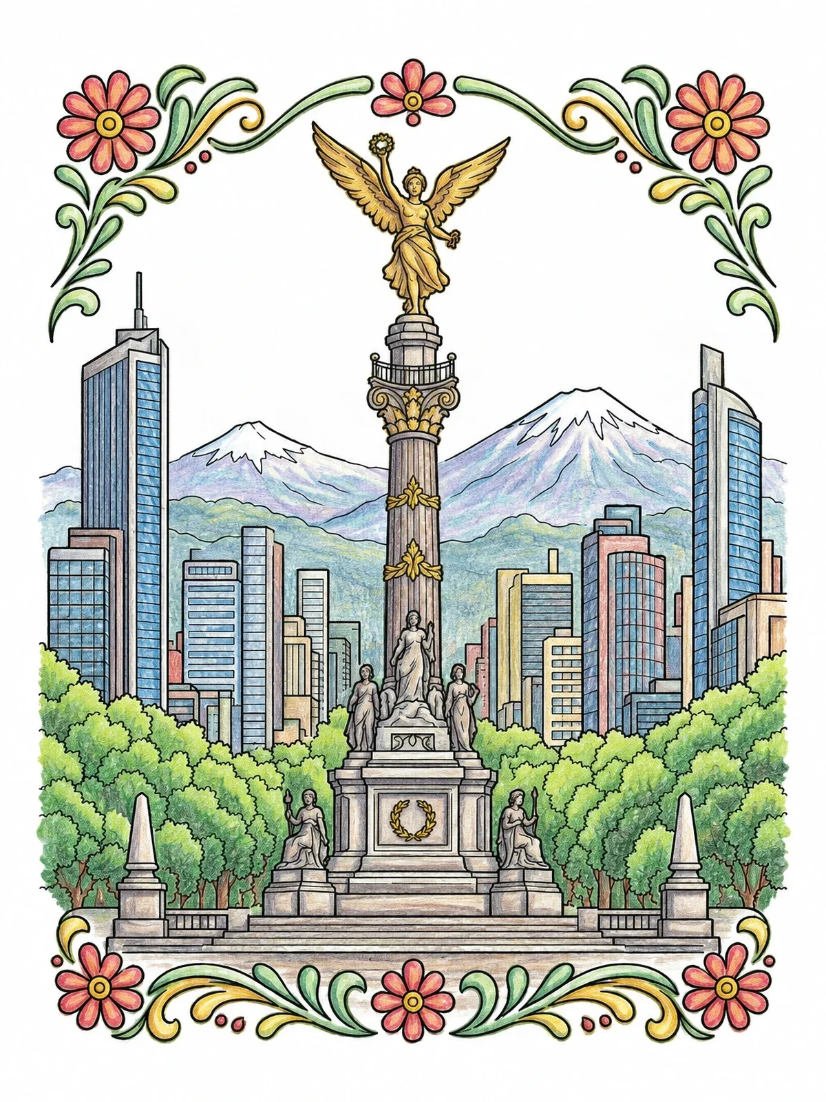 Colored example of the Mexico City Angel Of Independence coloring page