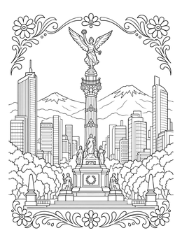Angel of Independence statue before a city skyline and mountains on this Mexico coloring page.