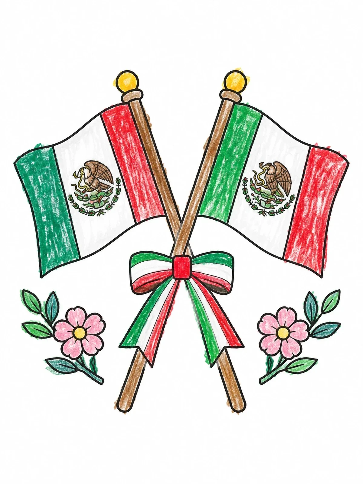 Colored example of the Crossed Mexican Flags With Ribbon coloring page