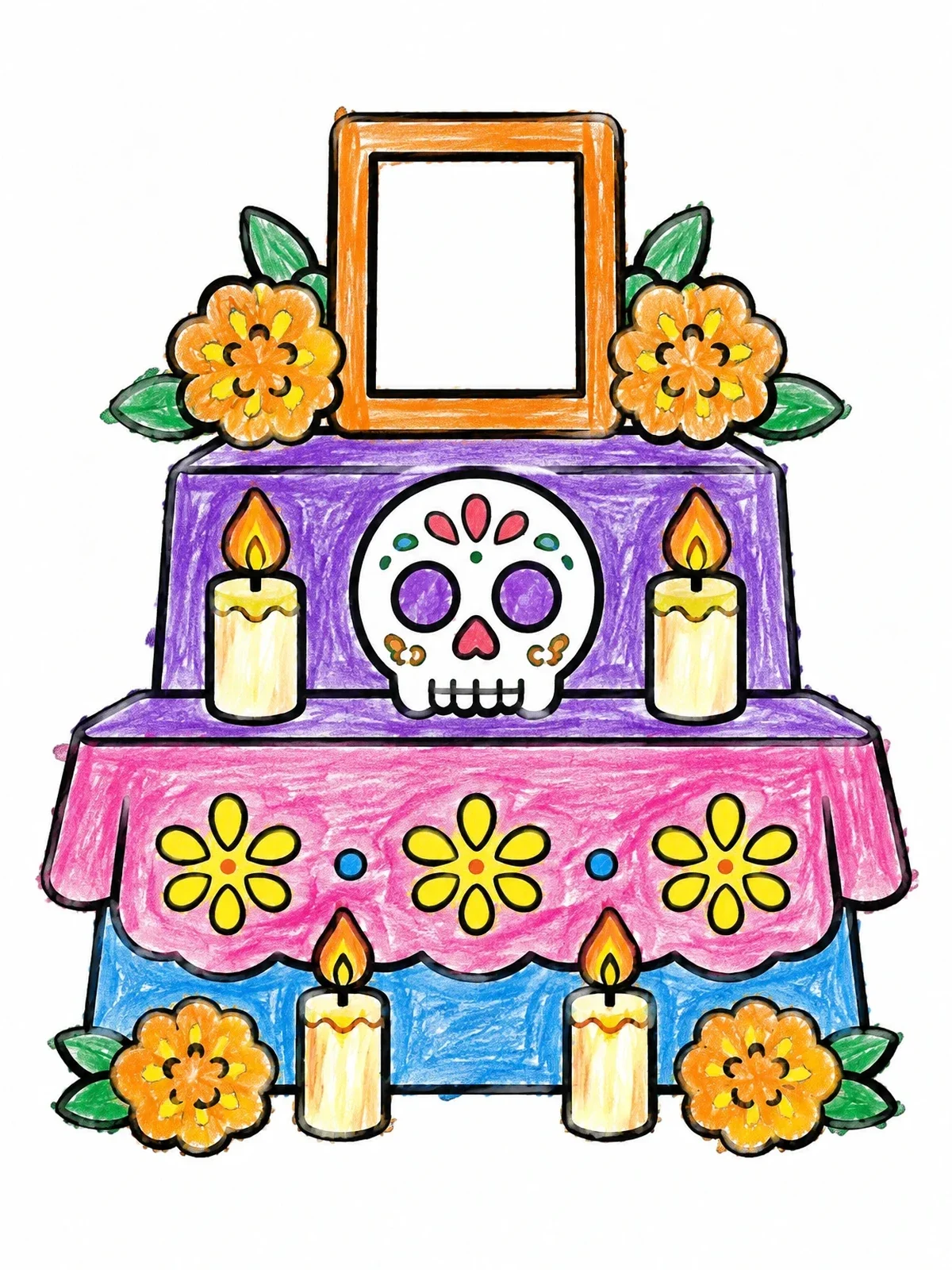 Colored example of the Day Of The Dead Altar With Sugar Skull coloring page