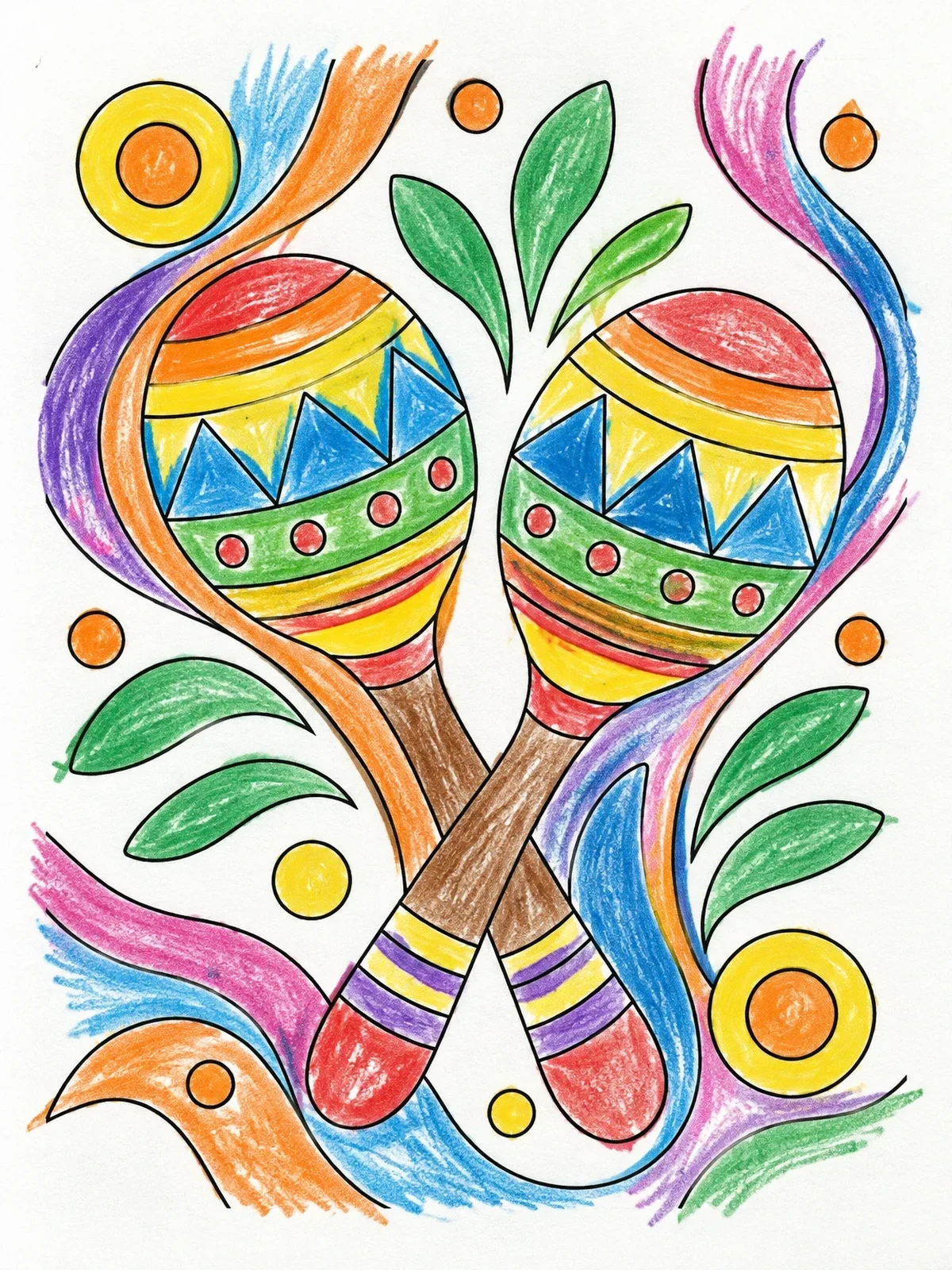 Colored example of the Decorative Crossed Mexican Maracas coloring page