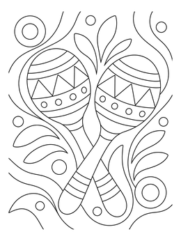 Two patterned maracas crossed in the center on this mexico coloring page.