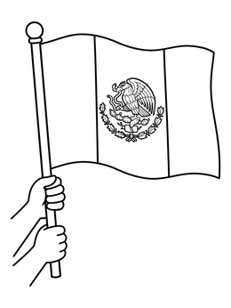Two hands holding up a waving flag on this mexico coloring page.