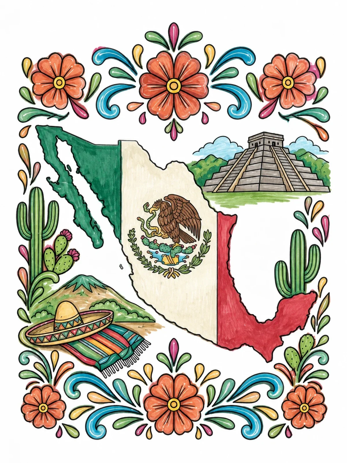 Colored example of the Mexican Map And Cultural Symbols coloring page