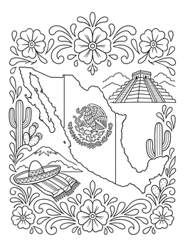 Detailed Mexico coloring page featuring the country map, coat of arms, pyramid, and floral borders.