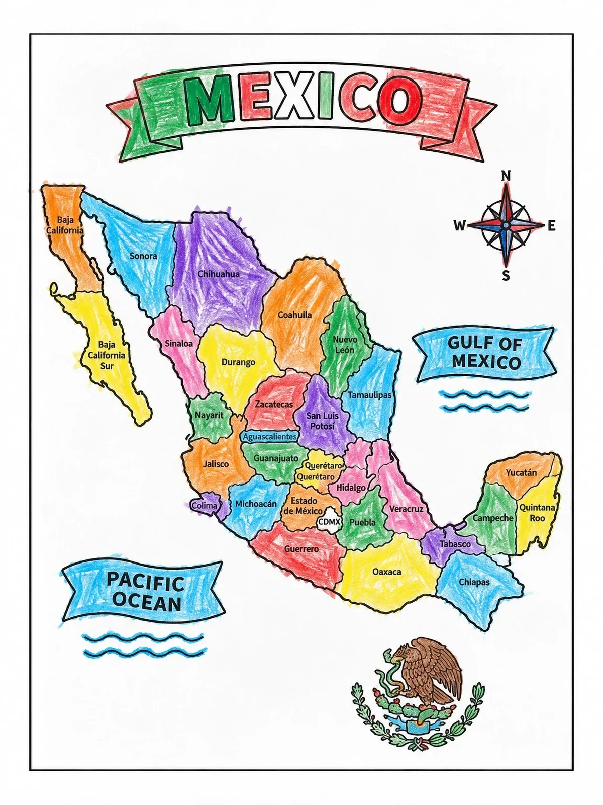 Colored example of the Detailed State Map Of Mexico coloring page