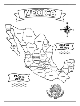 A detailed mexico coloring page showing all states, oceans, a compass rose, and national coat of arms.