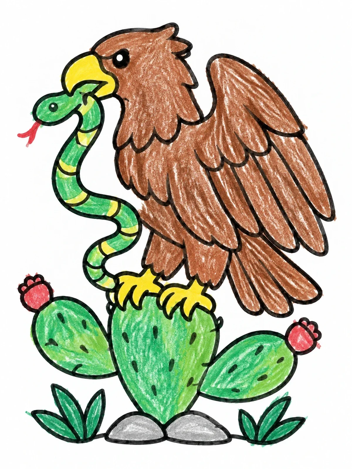 Colored example of the Mexican Eagle On A Cactus coloring page