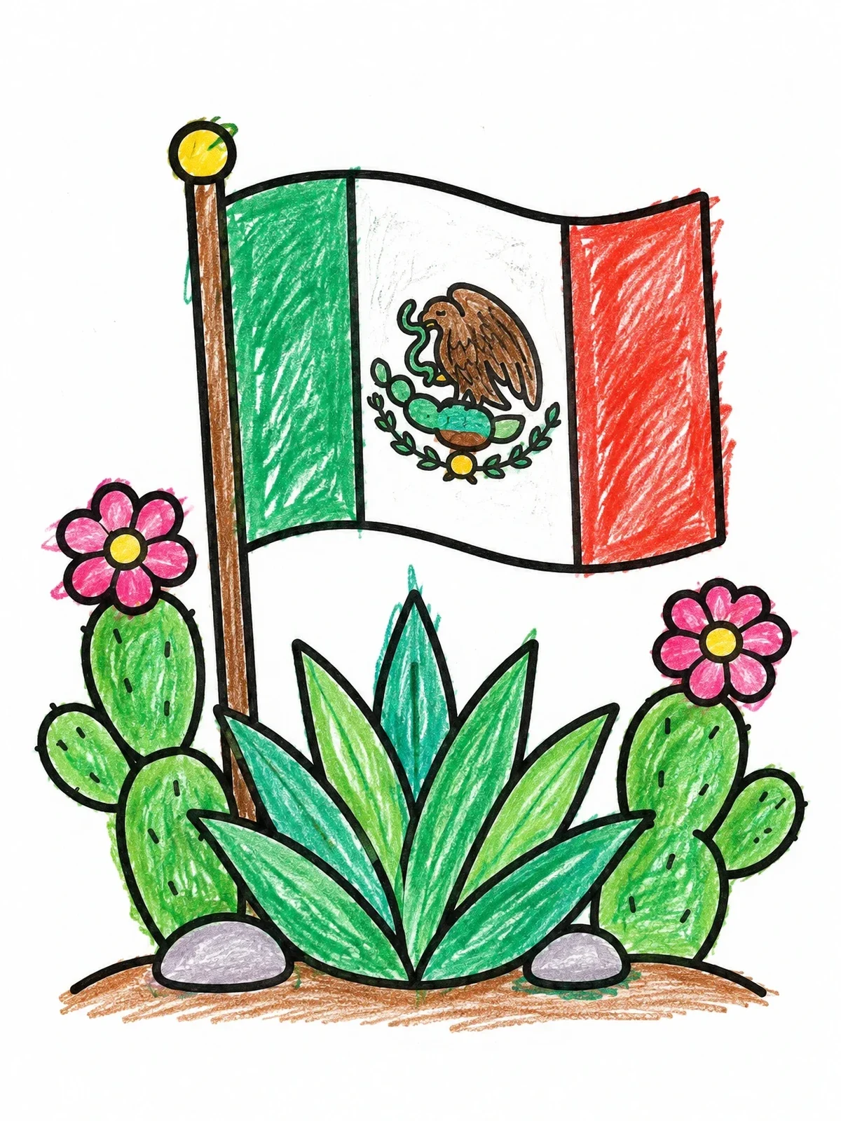 Colored example of the Mexican Flag With Agave And Cacti coloring page