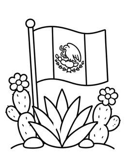 A mexico coloring page featuring the Mexican flag surrounded by an agave plant and flowering cacti.