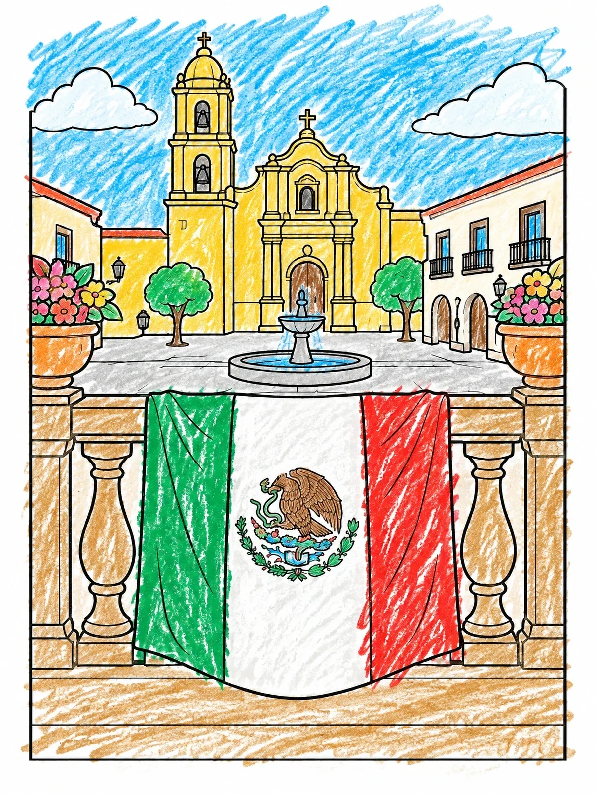 Colored example of the Mexican Flag On Balcony Plaza coloring page