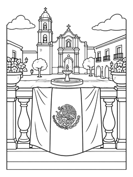 A mexican flag draped over a balcony railing overlooking a town square in this mexico coloring page.