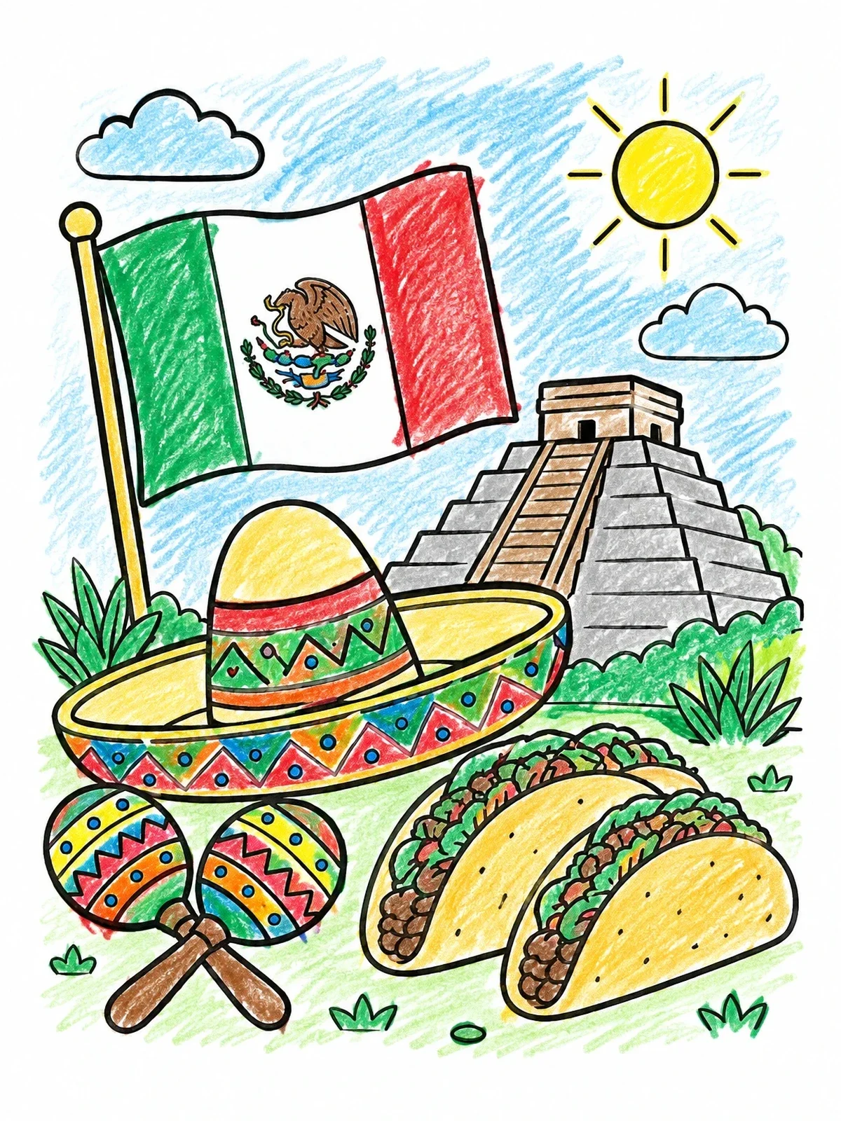 Colored example of the Mexican Flag Sombrero And Pyramid coloring page