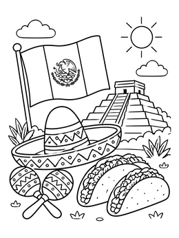 Free printable Mexican Flag Sombrero And Pyramid coloring page