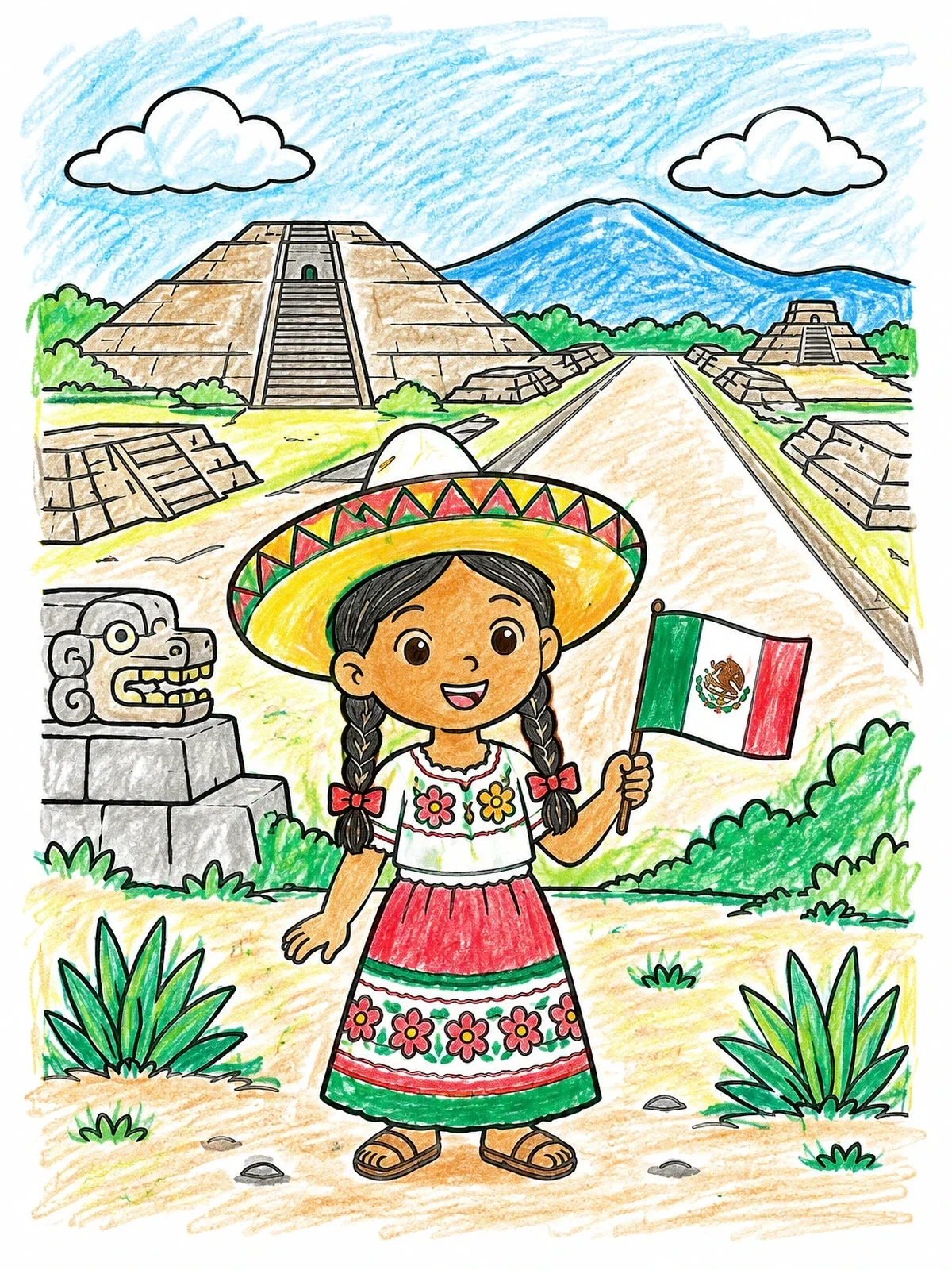 Colored example of the Mexican Girl At Teotihuacan Pyramids coloring page