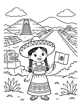 Free printable Mexican Girl At Teotihuacan Pyramids coloring page