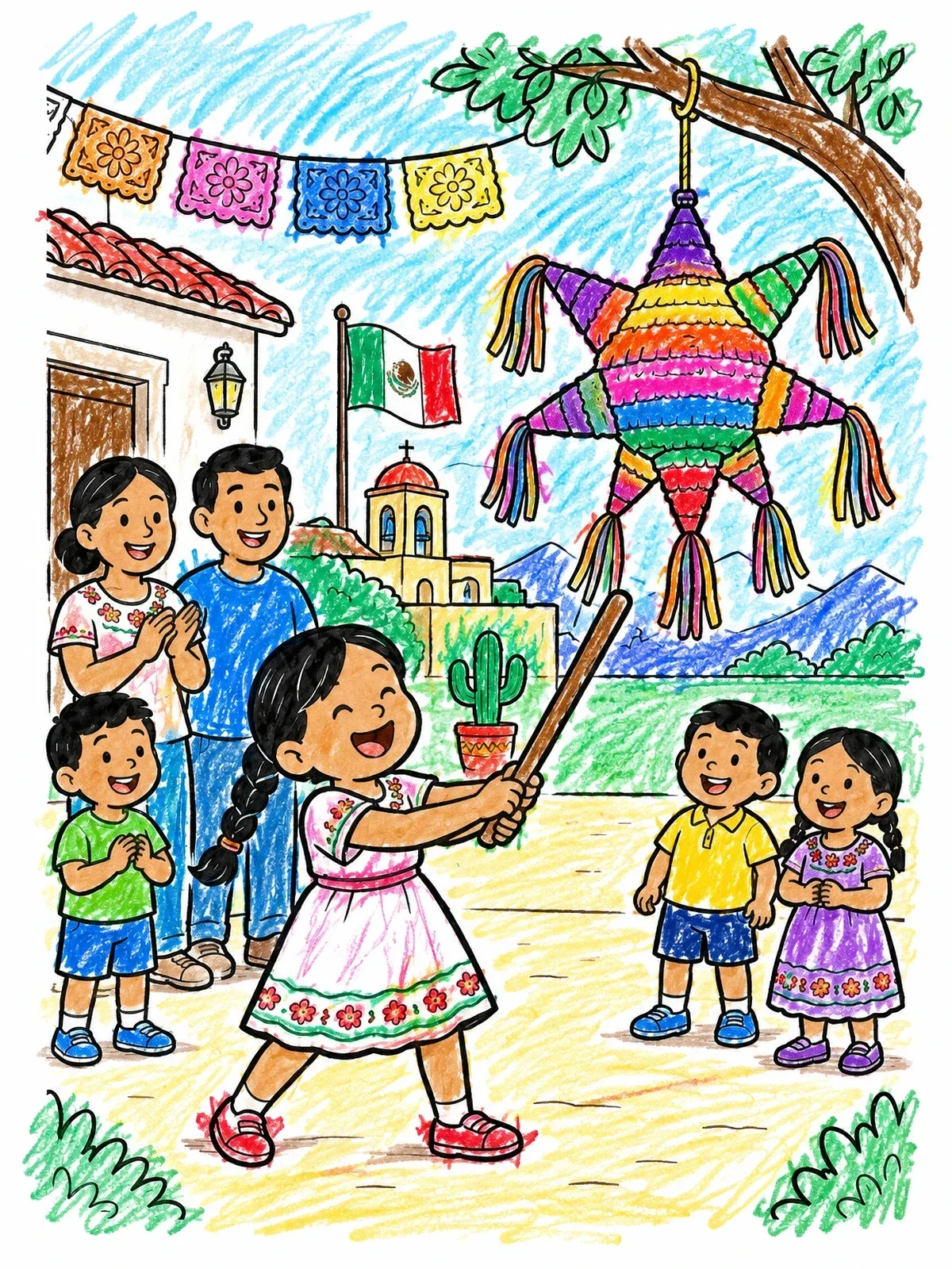Colored example of the Girl Hitting Festive Star Piñata coloring page
