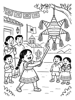 Free printable Girl Hitting Festive Star Piñata coloring page