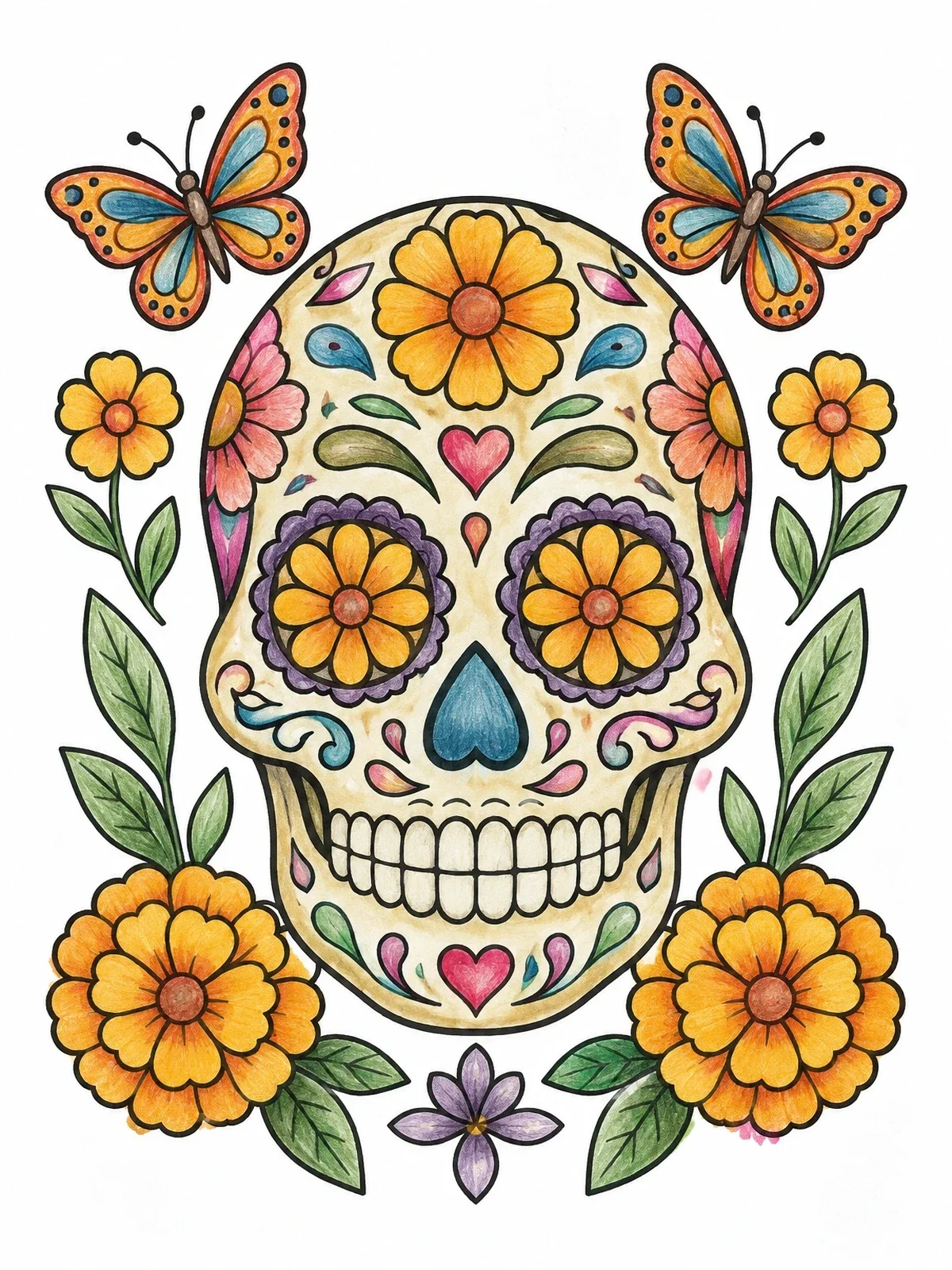 Colored example of the Mexican Sugar Skull With Marigolds And Butterflies coloring page