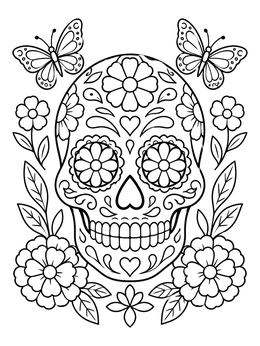 Detailed calavera skull with flowers on this mexico coloring page.