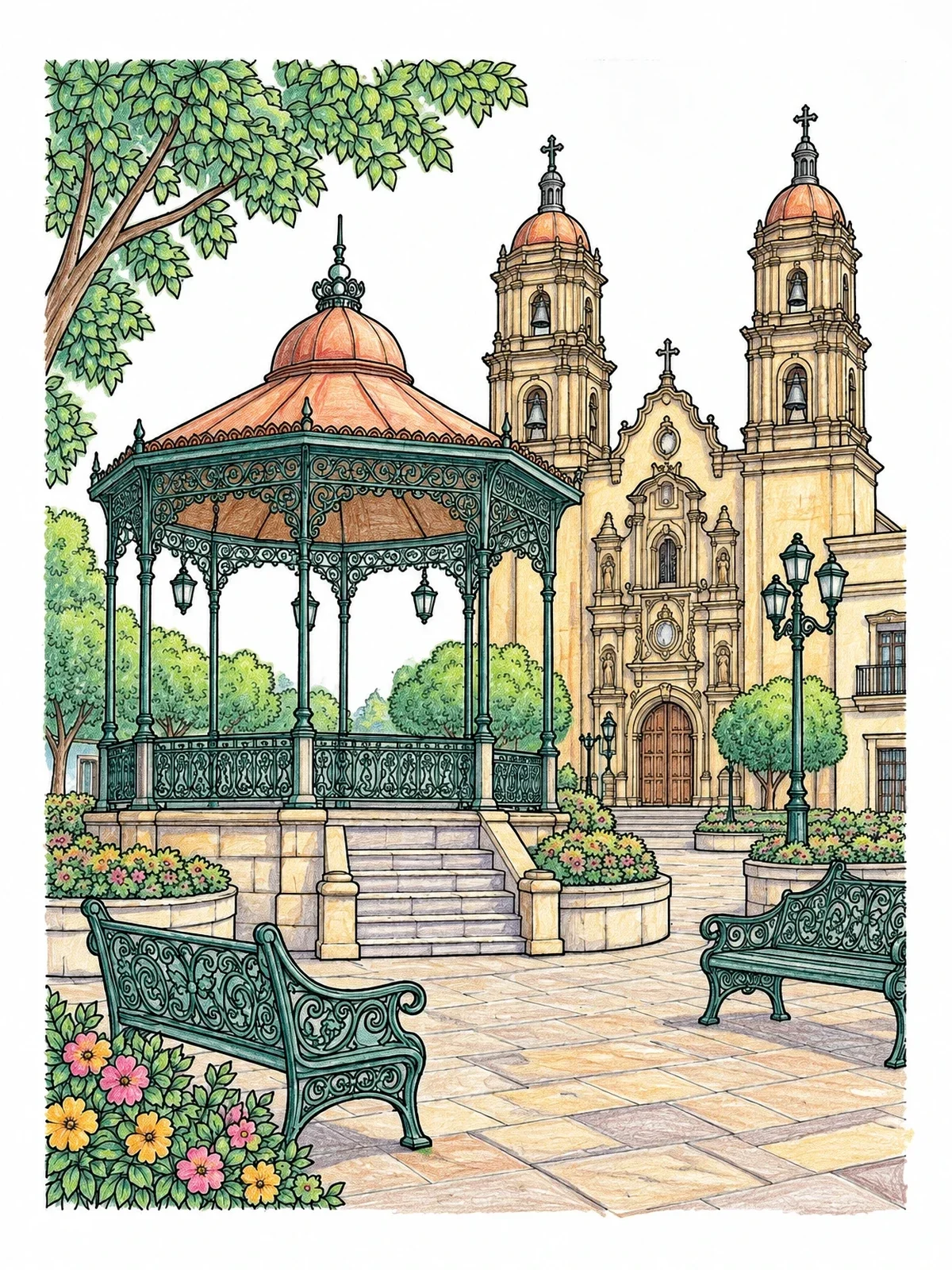 Colored example of the Mexican Plaza With Ornate Gazebo coloring page