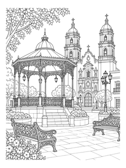 An ornate gazebo and cathedral stand in a town square on this mexico coloring page.