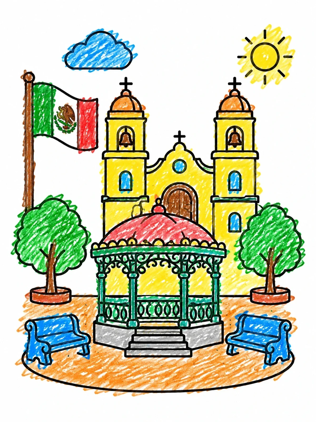 Colored example of the Mexican Town Plaza With Gazebo coloring page