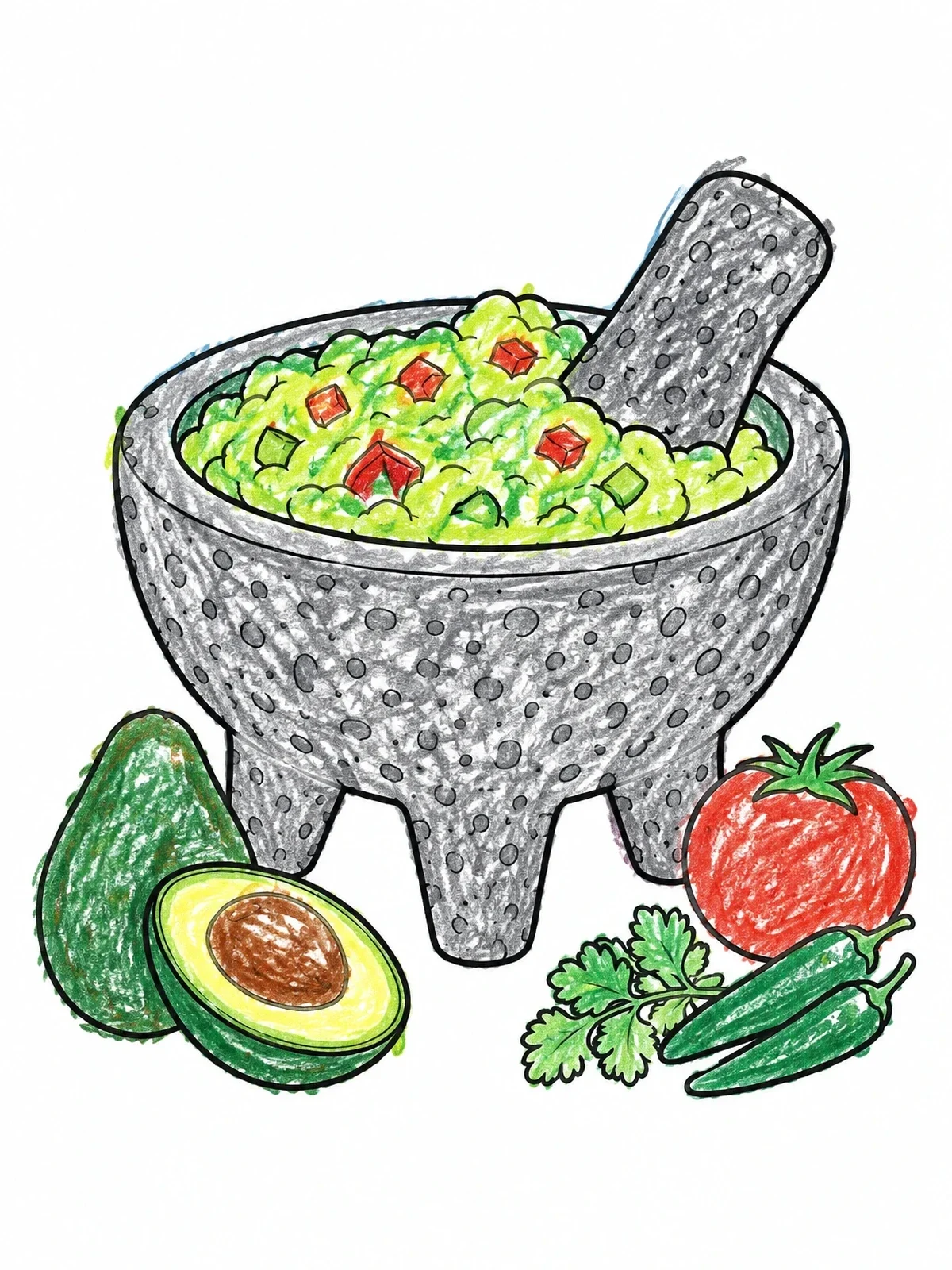 Colored example of the Molcajete With Fresh Guacamole Ingredients coloring page