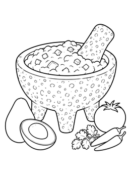 A stone molcajete with guacamole, avocado, and tomato in this mexico coloring page.