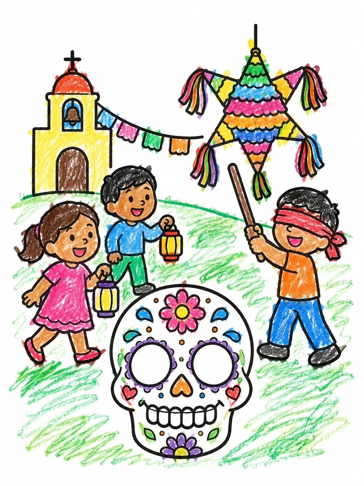 Colored example of the Mexican Holiday Celebration With Piñata coloring page