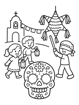 Free printable Mexican Holiday Celebration With Piñata coloring page