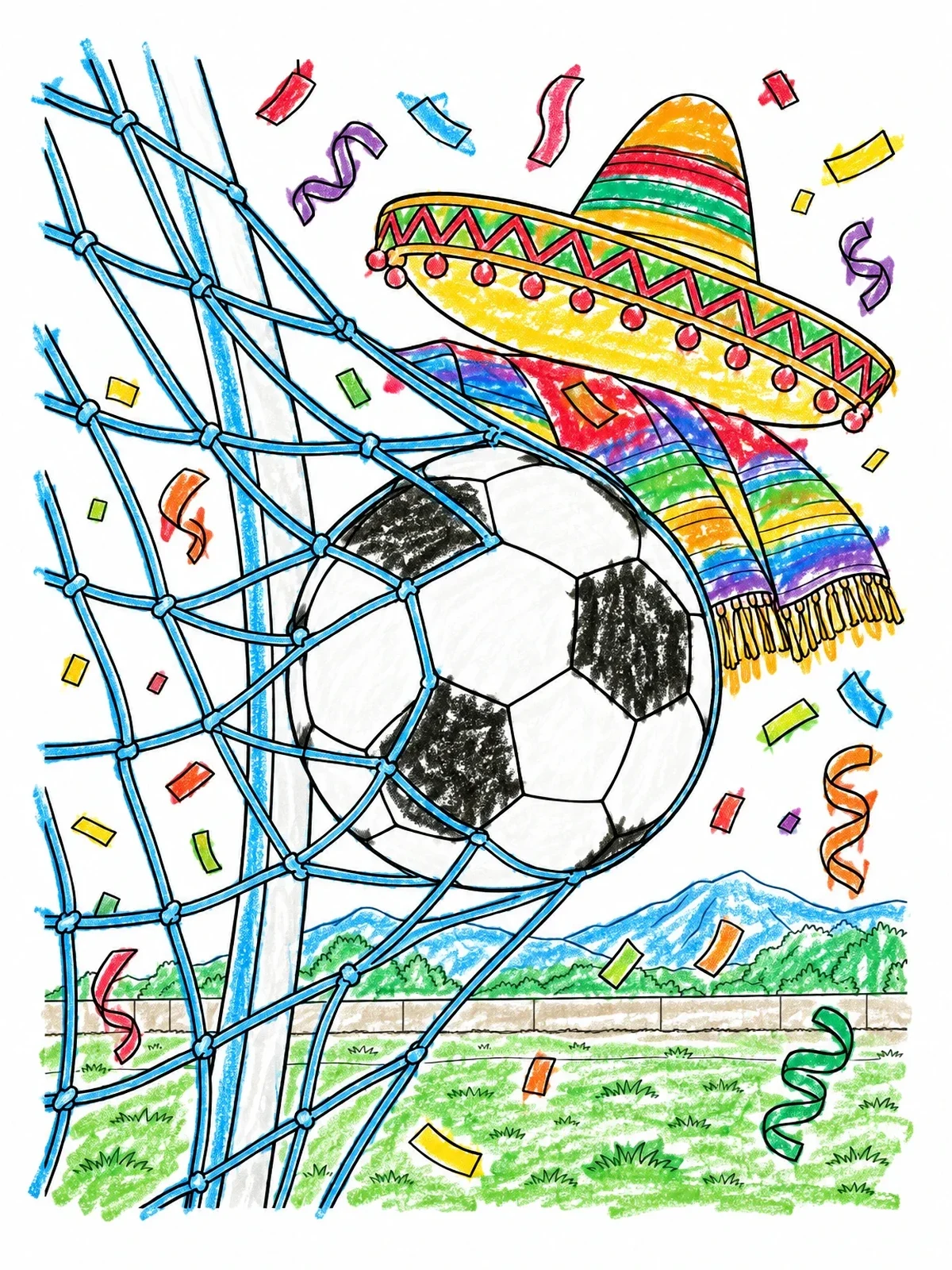 Colored example of the Soccer Goal With Sombrero And Confetti coloring page
