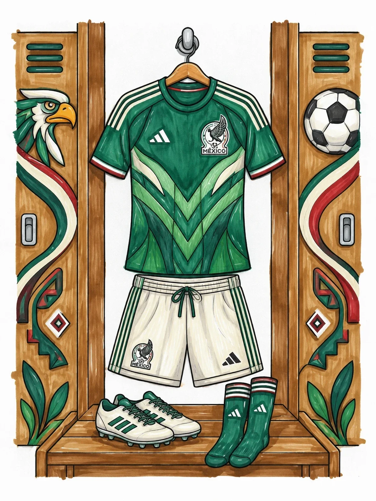 Colored example of the Mexico Soccer Uniform In Locker Room coloring page