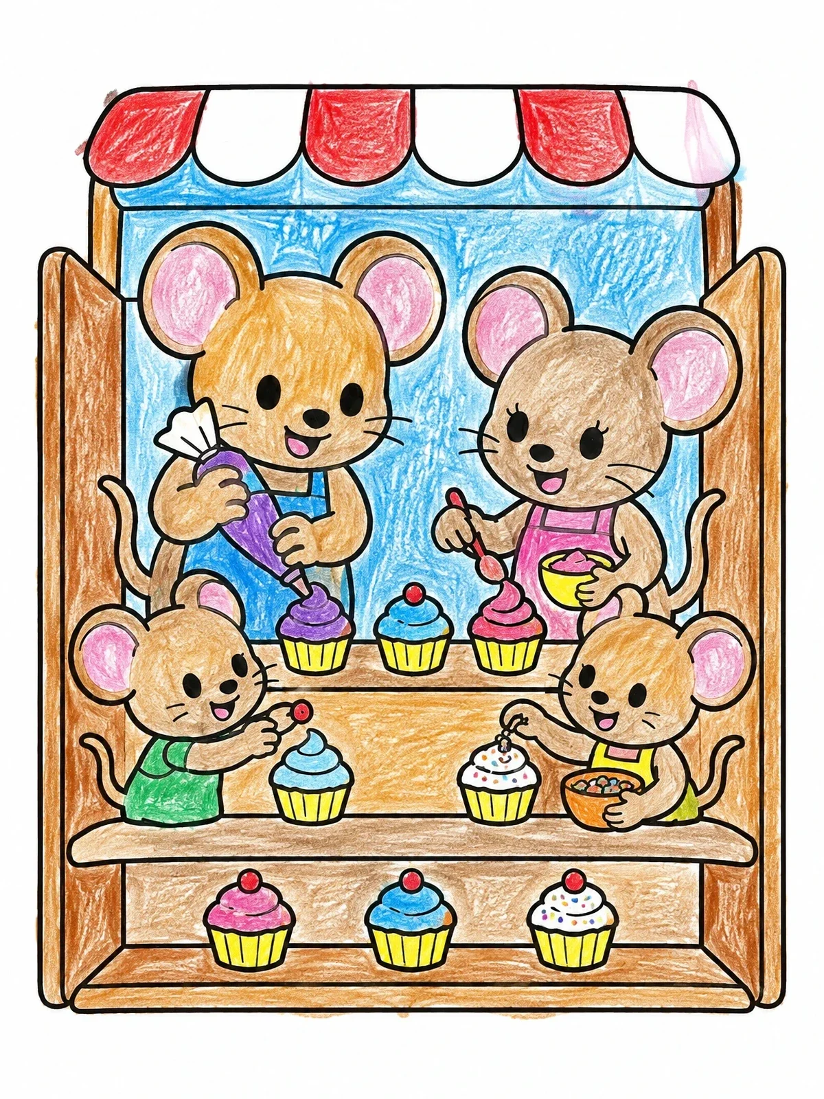 Colored example of the Mice Decorating Cupcakes In Bakery Display coloring page