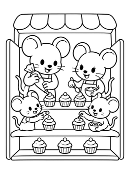 Cute mouse family decorating sweet treats in a bakery coloring page.