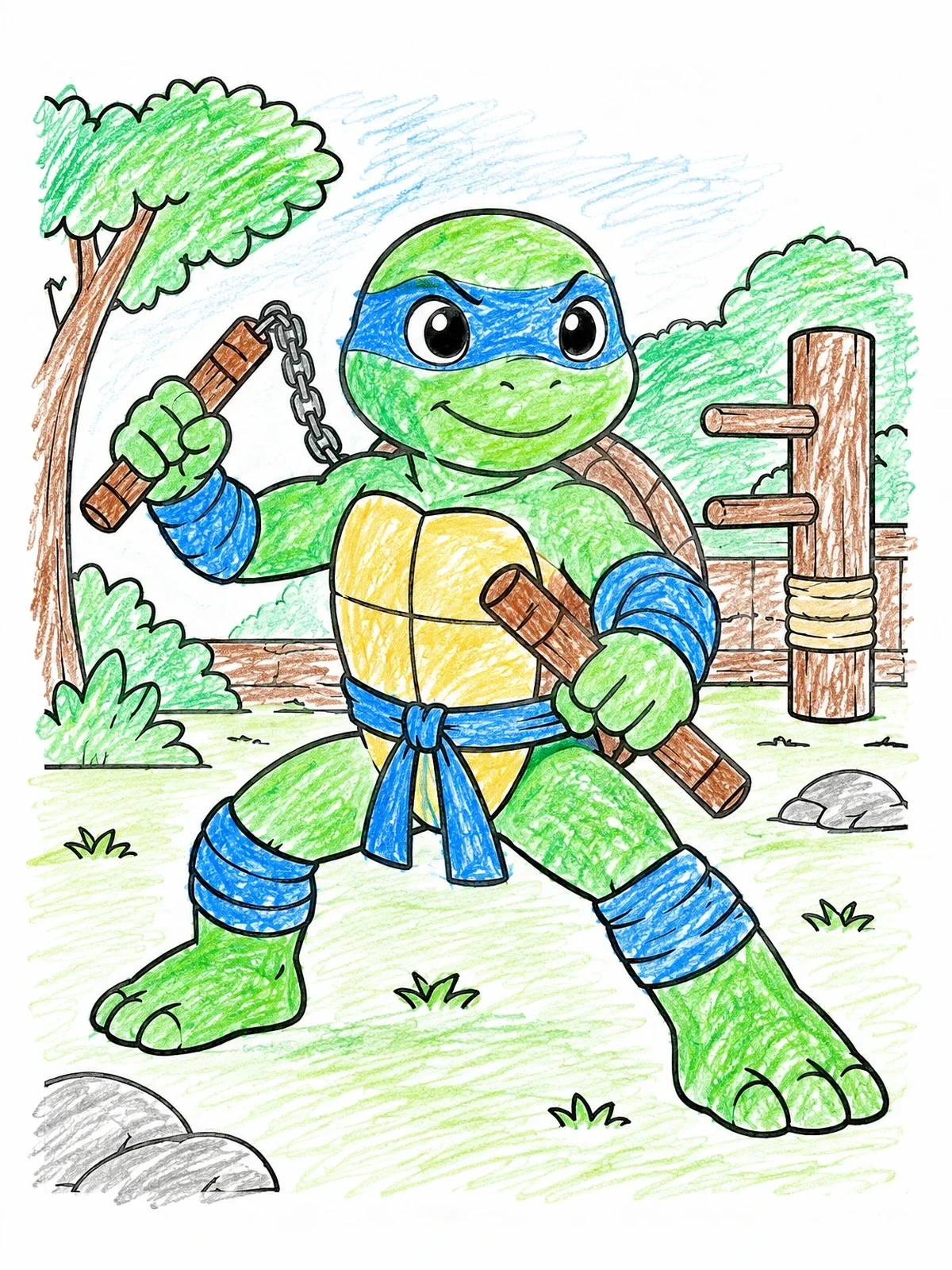 Colored example of the Cute Ninja Turtle With Nunchucks coloring page
