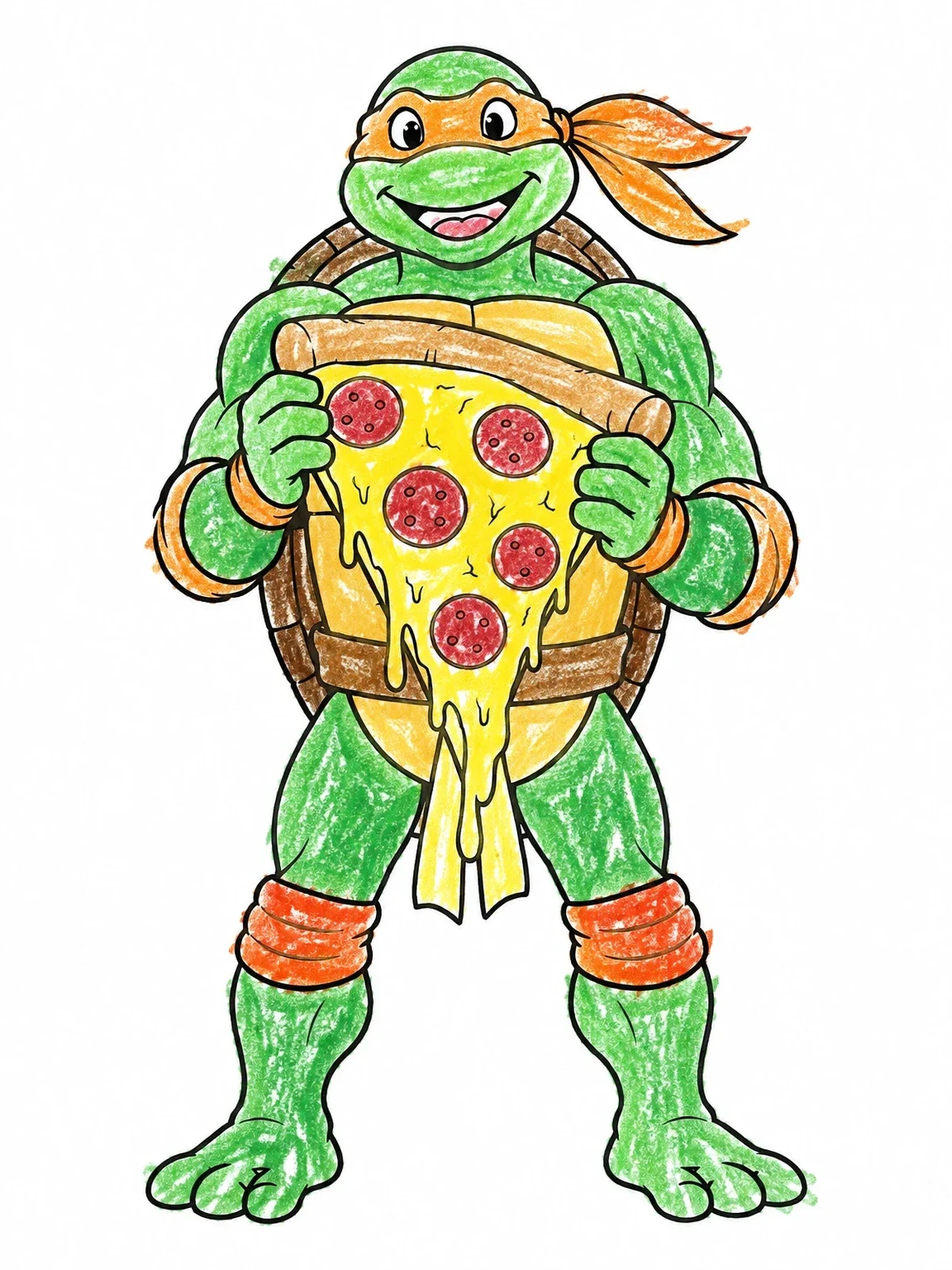Colored example of the Turtle Hero Holding Pizza Slice coloring page