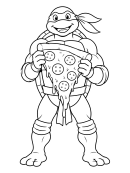A masked turtle hero holds a giant slice of pizza on this michelangelo coloring page.