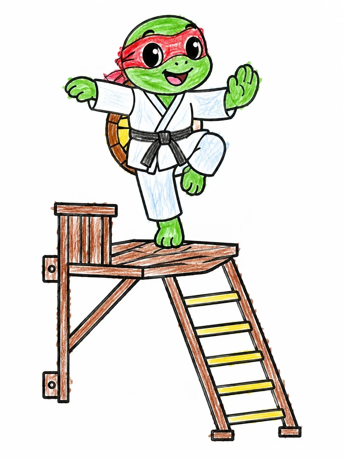 Colored example of the Cute Ninja Turtle On A Ladder coloring page