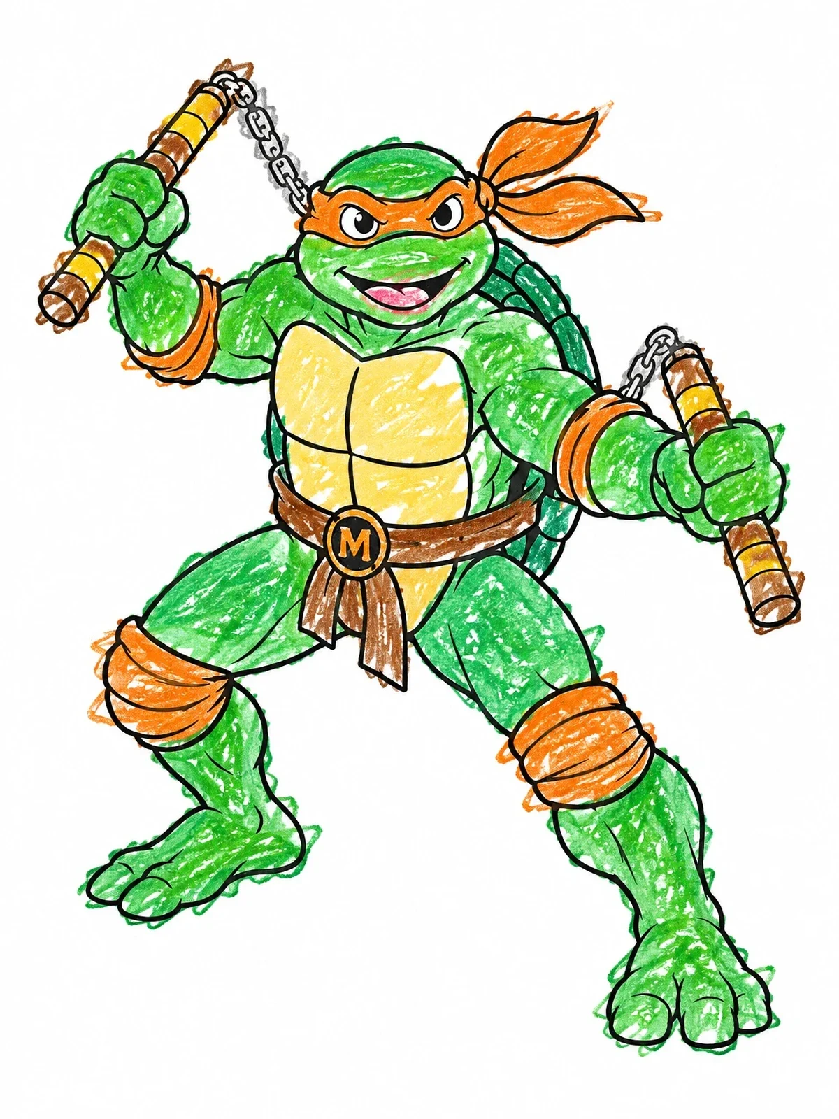 Colored example of the Michelangelo Ninja Turtle With Nunchucks coloring page