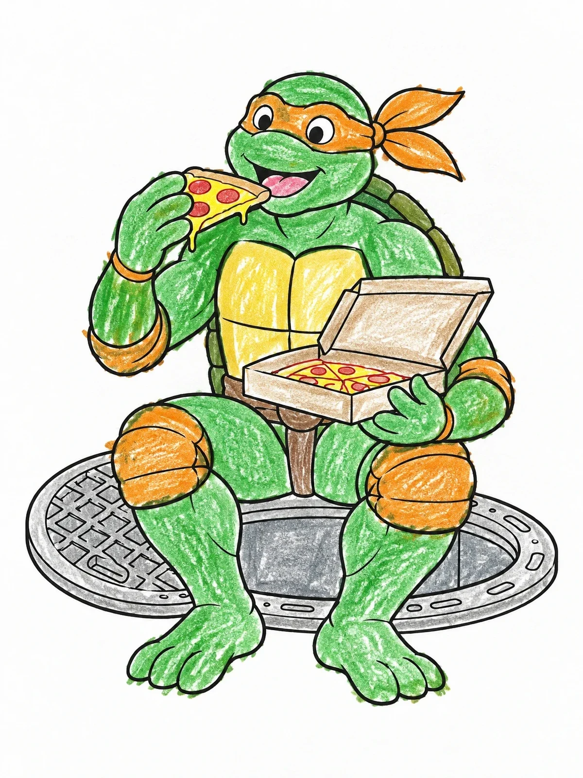 Colored example of the Ninja Turtle Eating Pizza On Manhole coloring page