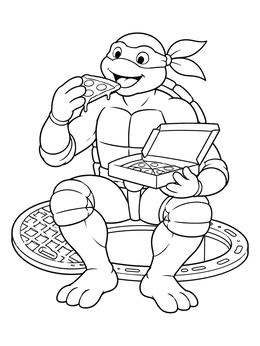 A cartoon michelangelo coloring page with a ninja turtle eating tasty pizza on a manhole cover.
