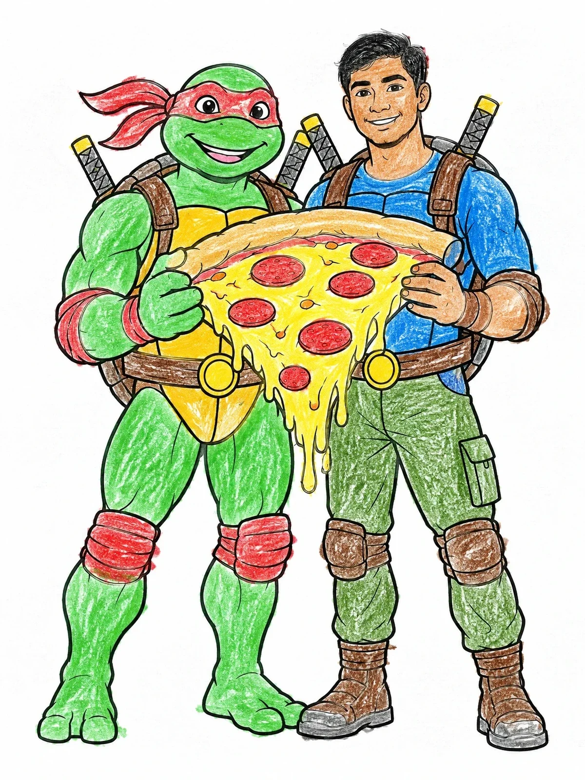 Colored example of the Ninja Turtle And Friend With Giant Pizza coloring page
