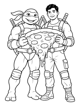 Free printable Ninja Turtle And Friend With Giant Pizza coloring page