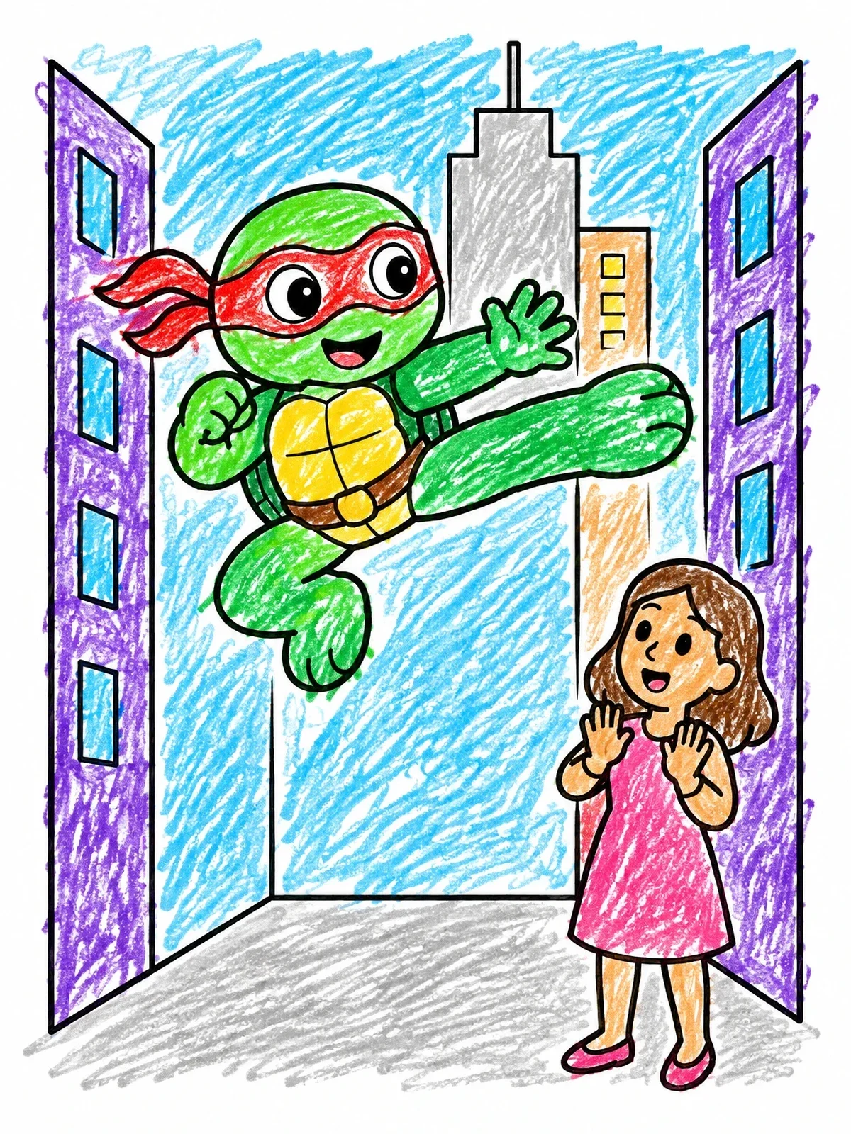 Colored example of the Ninja Turtle Hero Flying Kick coloring page