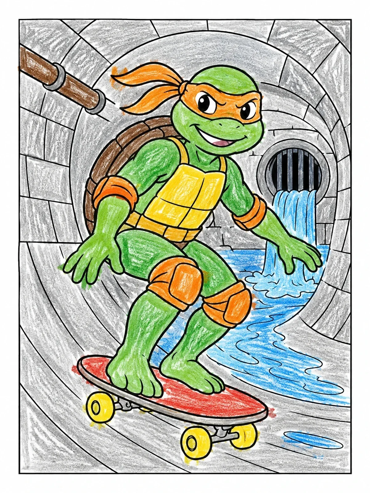 Colored example of the Skateboarding Ninja Turtle In Sewer coloring page