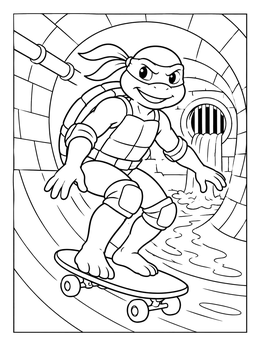 A cool ninja turtle skateboarding underground on this michelangelo coloring page.