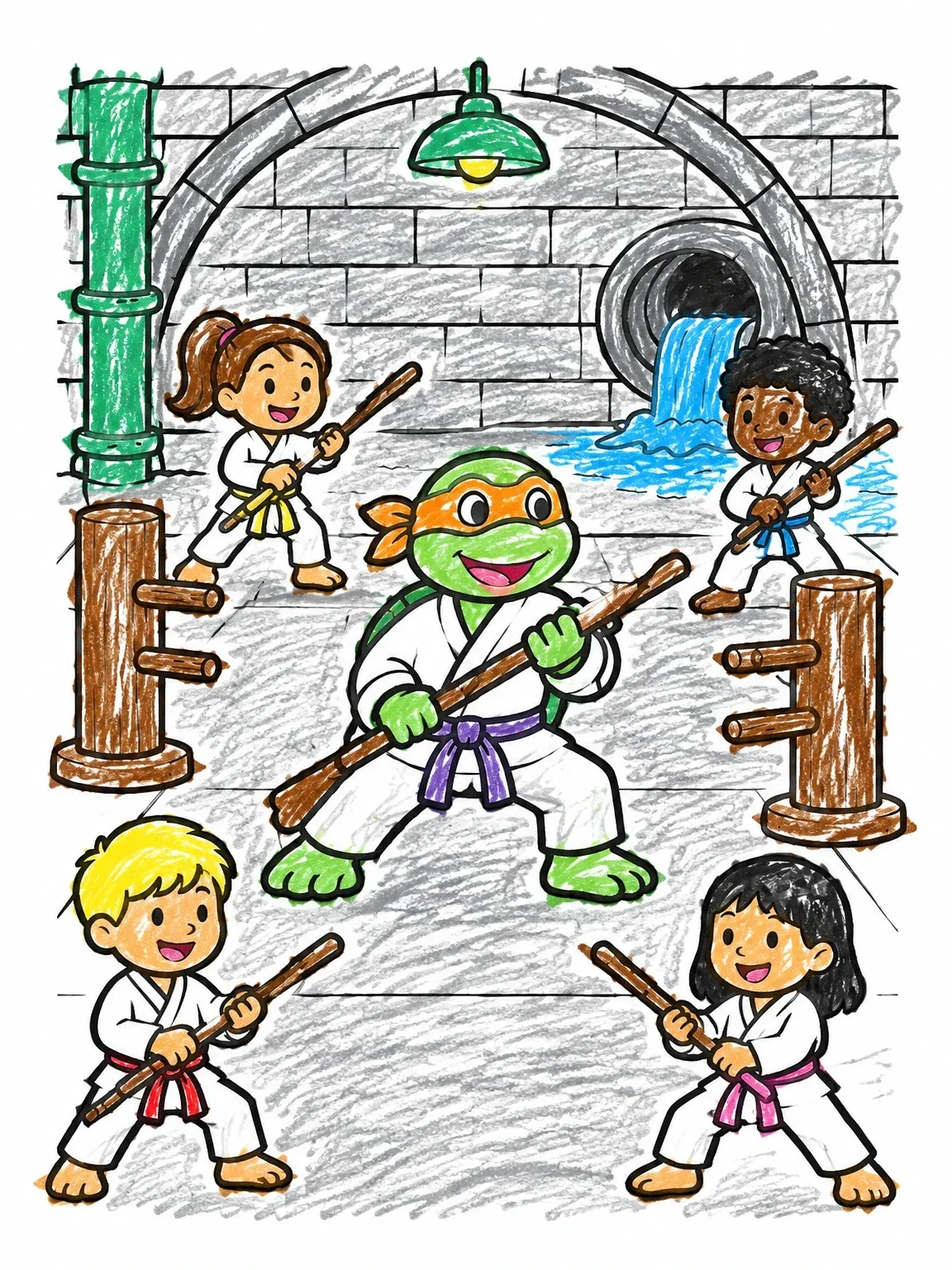 Colored example of the Ninja Turtle Training With Kids Dojo coloring page
