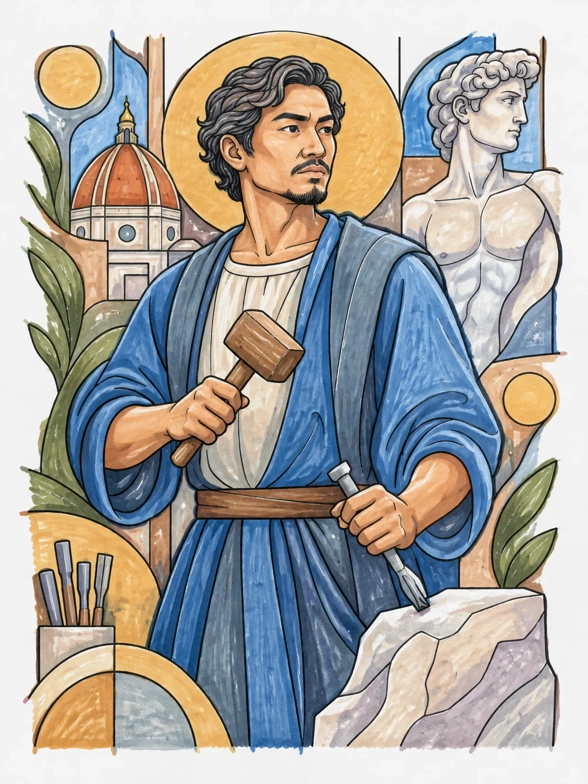 Colored example of the Michelangelo Sculpting With Mallet And Chisel coloring page
